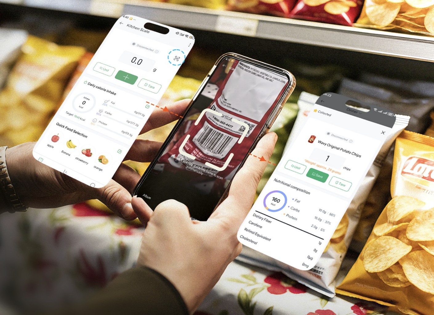 Scanning a packaged food barcode in the app to pull its nutrition data