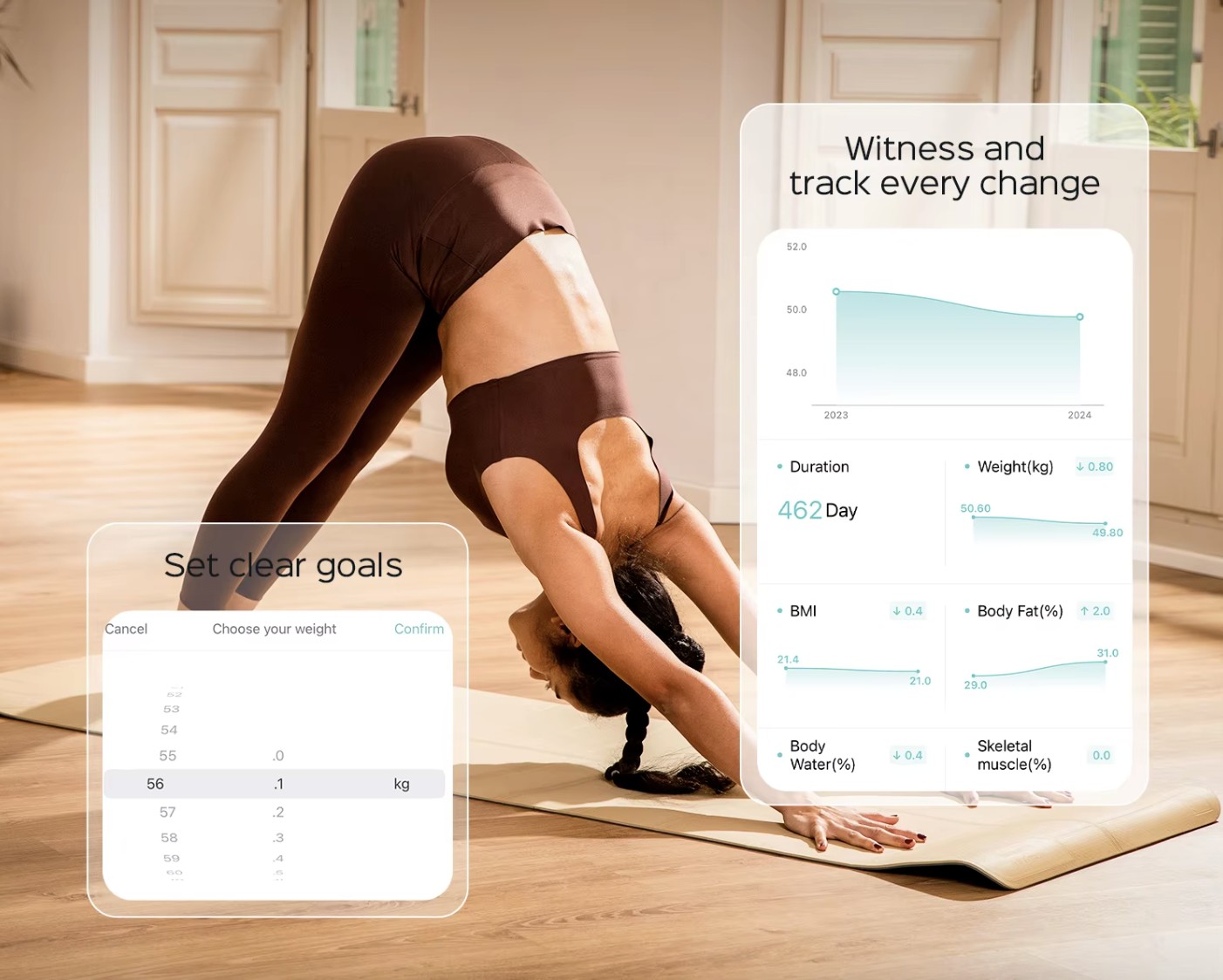 Weight and body fat trends charted over time in the app