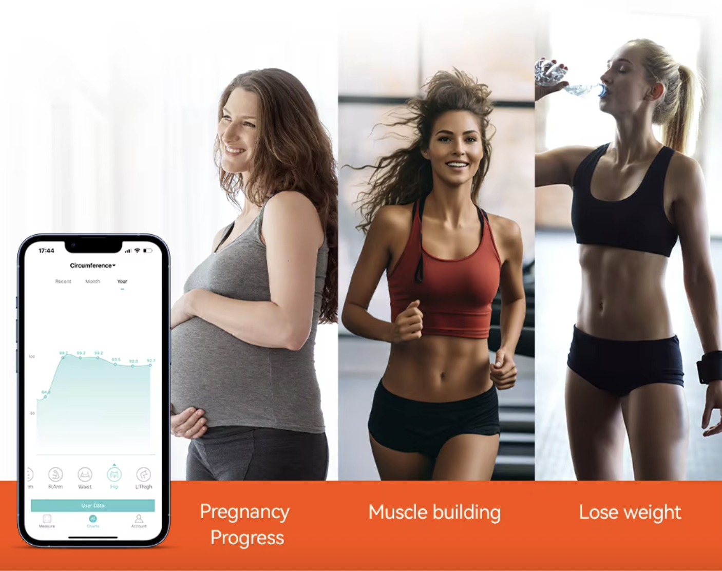 Three people tracking pregnancy progress, muscle building and weight loss with the app