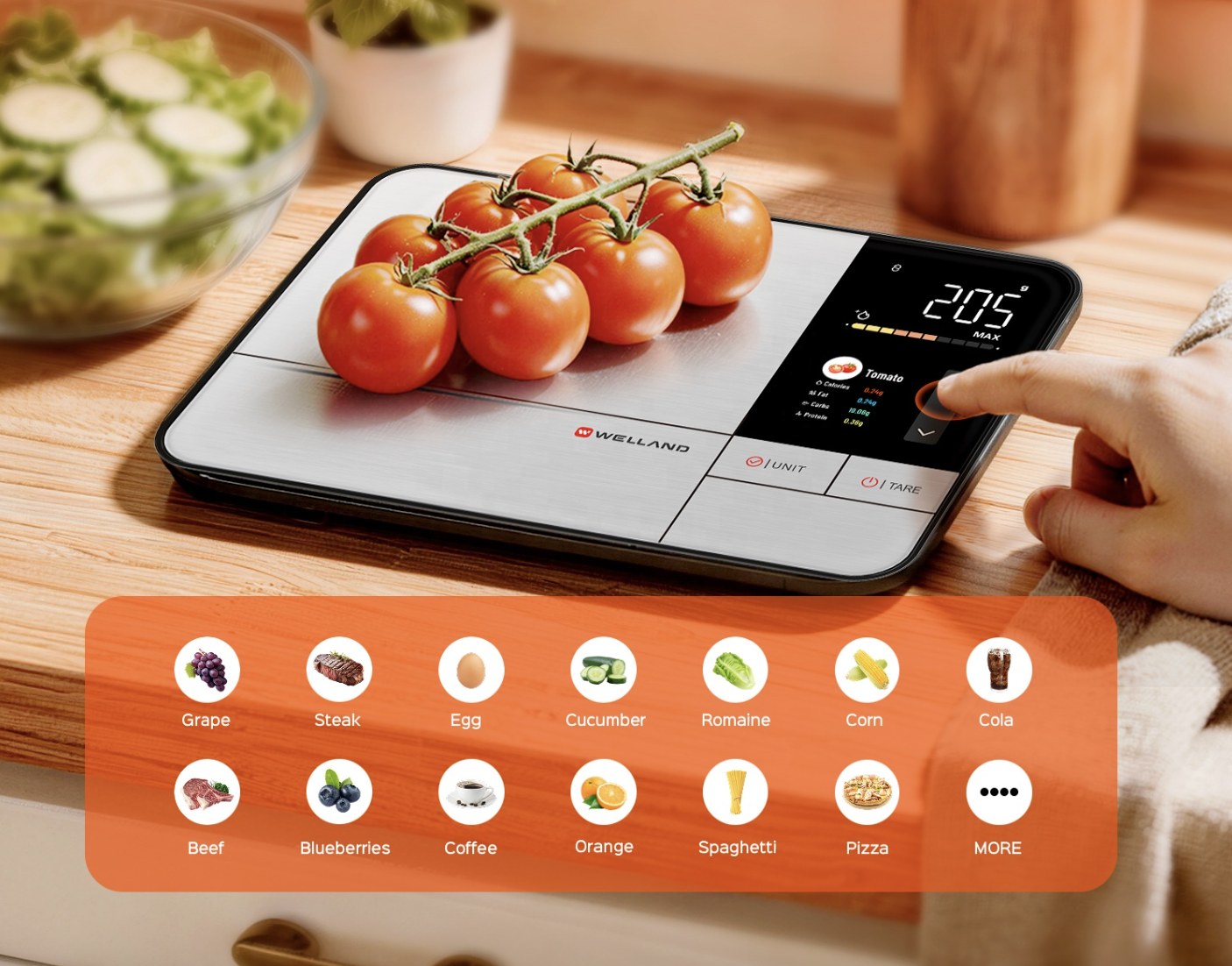 Choosing a saved food directly on the scale's touch controls