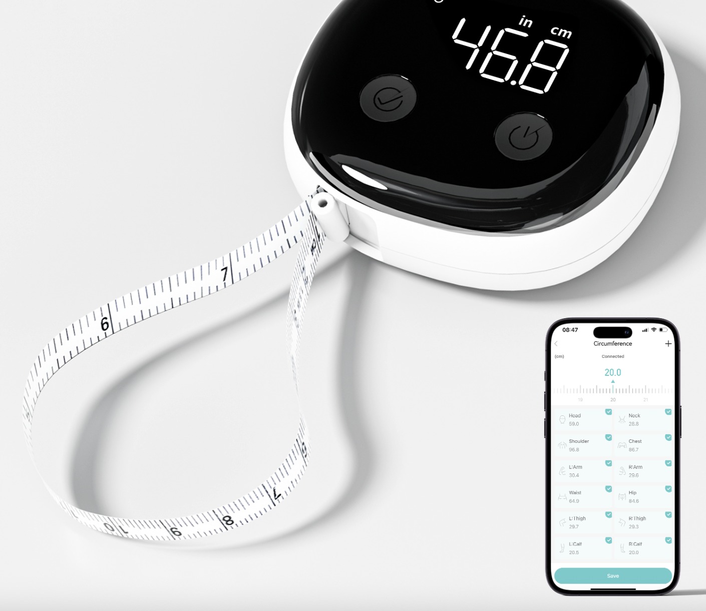SyncBody Tape showing 46.8 cm on its LED display next to the app's circumference screen