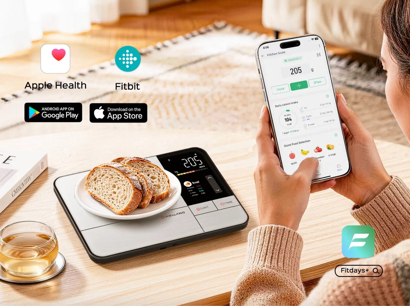 Kitchen scale weighing bread while the app shows daily calorie intake